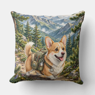 Almohada Corgi Hiking en Montañas Acuarela
