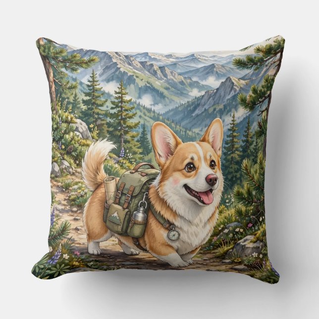 Almohada Corgi Hiking en Montañas Acuarela  (Anverso)