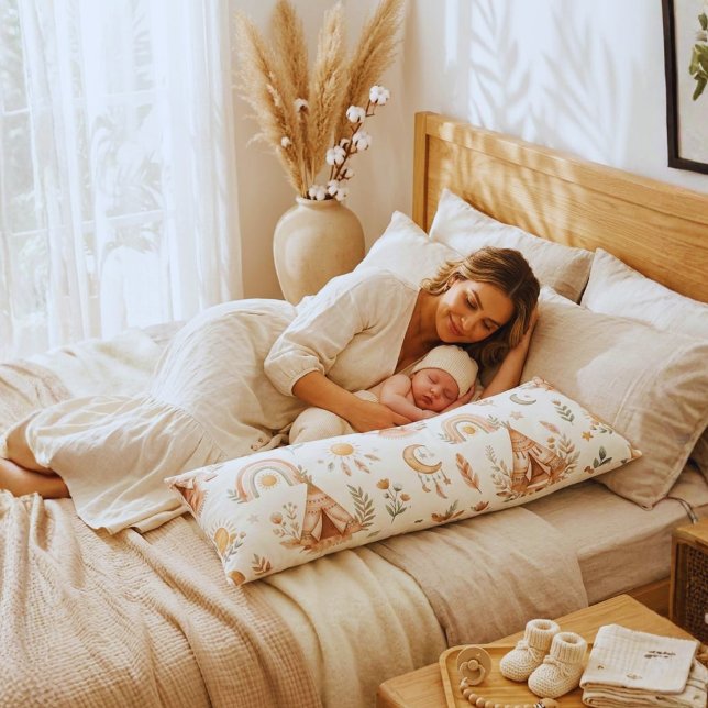 Almohada corporal arcoíris pastel acuarela boho (Boho Teepee Maternity Body Pillow | Tribal Pregnancy & Side Sleeper Cushion)