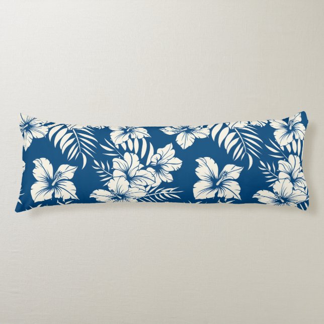 Almohada corporal floral azul y blanco tropical (Anverso)
