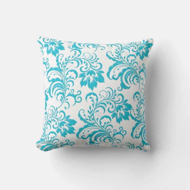 Almohada cuadrada azul teal damasco floral blanco (Anverso)