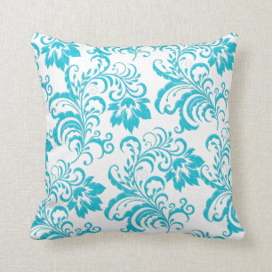 Almohada cuadrada azul teal damasco floral blanco