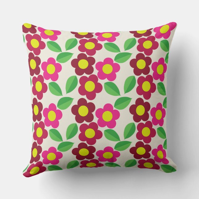 Almohada cuadrada con diseño floral rojo y rosado. (Reverso )