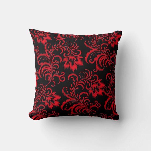 Almohada Cuadrada de Brocado Rojo con Damasco Negr (Anverso)