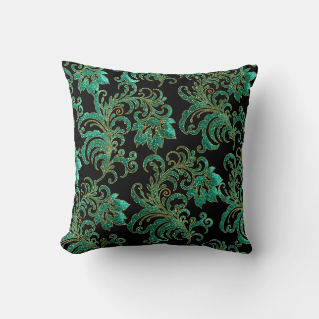 Almohada Cuadrada de Brocado Verde Jade con Damasc (Anverso)