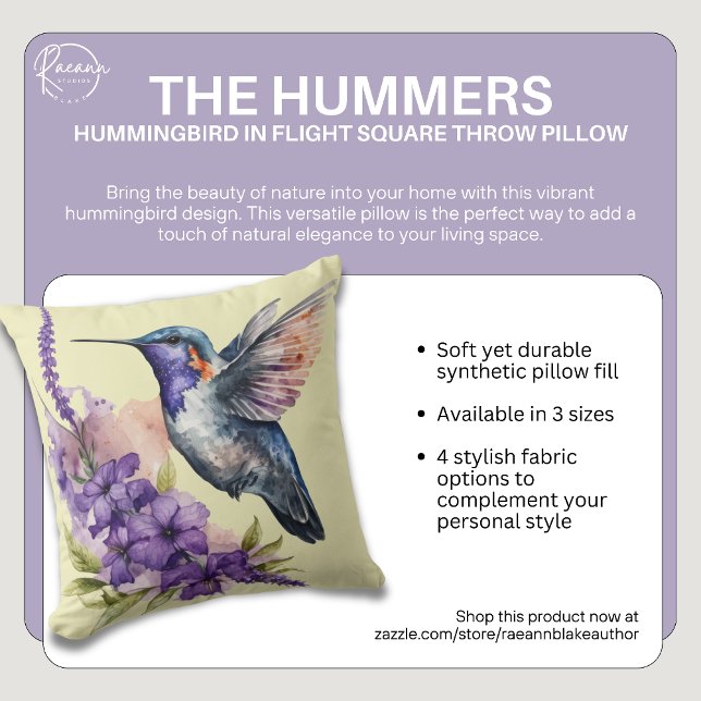 Almohada cuadrada de colibrí en vuelo (Subido por el creador)