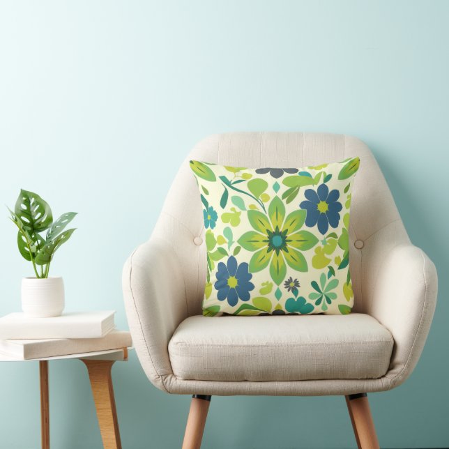 Almohada cuadrada de flores azules y verdes (Silla)