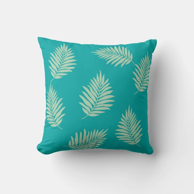 Almohada cuadrada de hojas azul teal16" x 16" (Anverso)