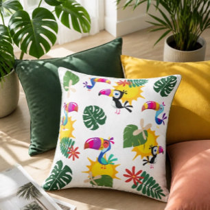 Almohada cuadrada de racimo de tucanes tropicales