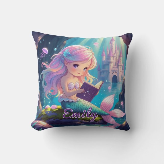 Almohada cuadrada de sirena linda leyendo (Anverso)