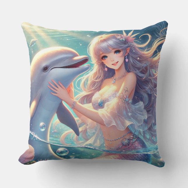 Almohada cuadrada de sirena y delfín (Anverso)