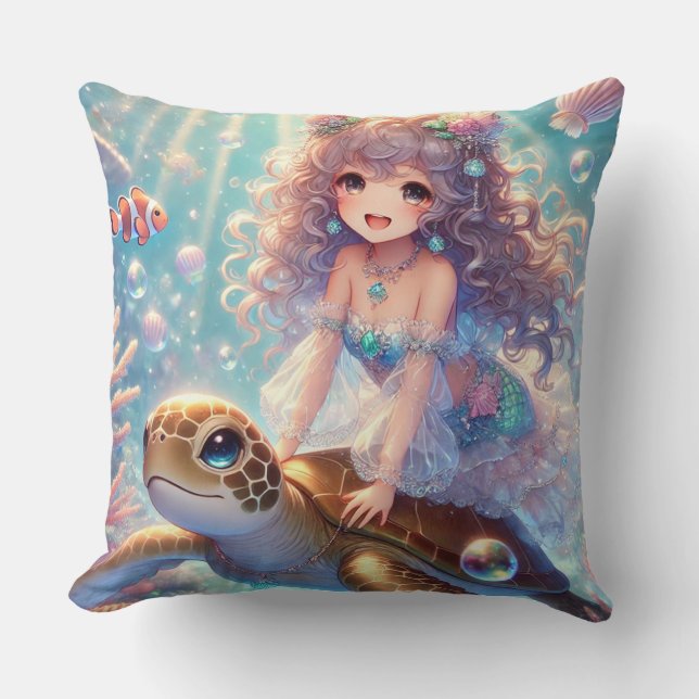 Almohada cuadrada de sirena y tortuga (Anverso)