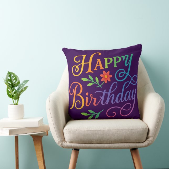 Almohada cuadrada floral arcoíris "Feliz Cumpleaño (Silla)