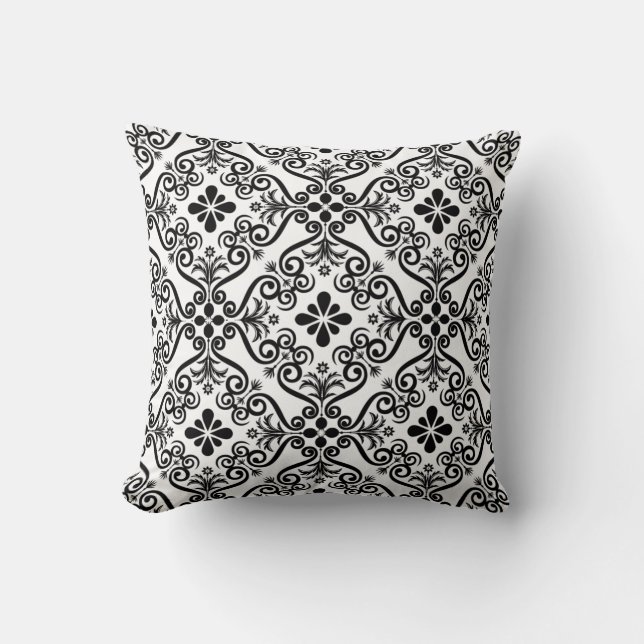 Almohada cuadrada floral damasco negro blanco (Anverso)