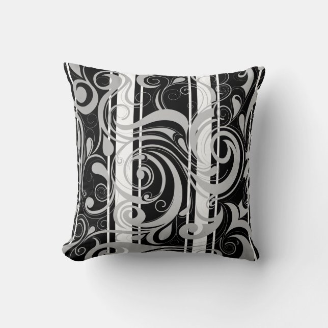 Almohada cuadrada negro blanco remolino floral (Anverso)
