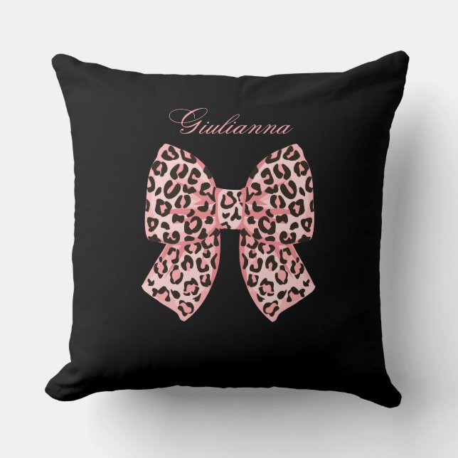 Almohada cuadrada personalizada con lazo de leopar (Anverso)