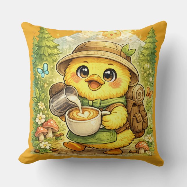 Almohada Cute Coffee Explorer Chick | Kawaii F (Anverso)