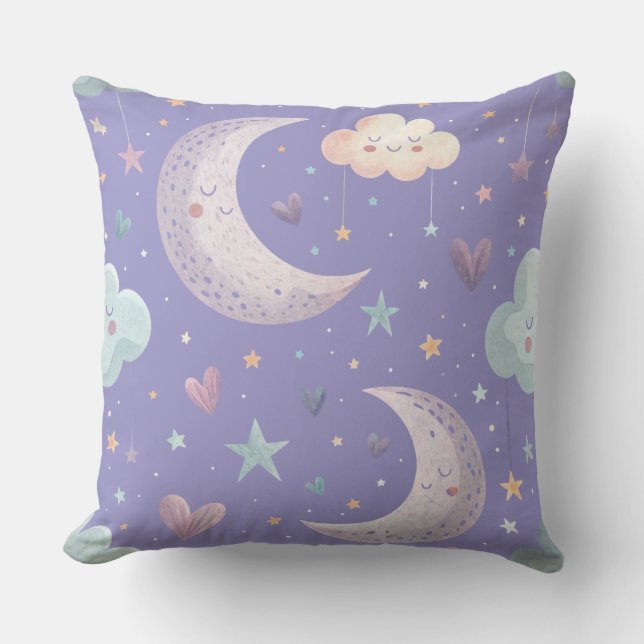 Almohada de 20" x 20" Luna y Nubes Moradas (Anverso)