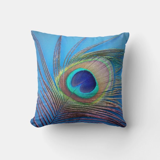 Almohada de acento azul con pluma de pavo real (Anverso)