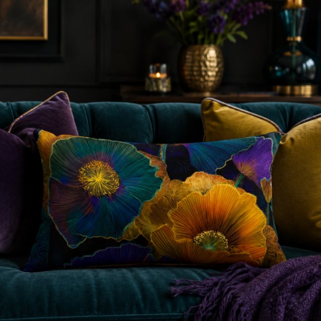 Almohada de acento de amapolas de vidrio emplomado (Vibrant Stained Glass Poppy Print | Affordable Wall Art | Moody Floral Botanical Art | Downloadable )