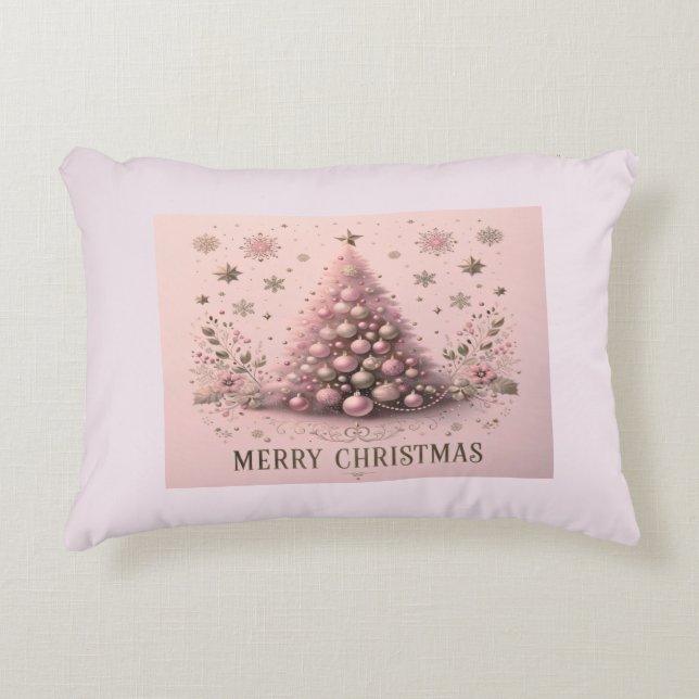 Almohada de acento de árbol de Navidad rosa Feliz  (Anverso)