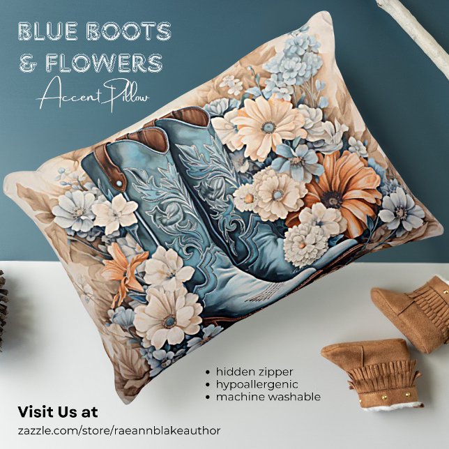 Almohada de acento de botas y flores azules (Subido por el creador)