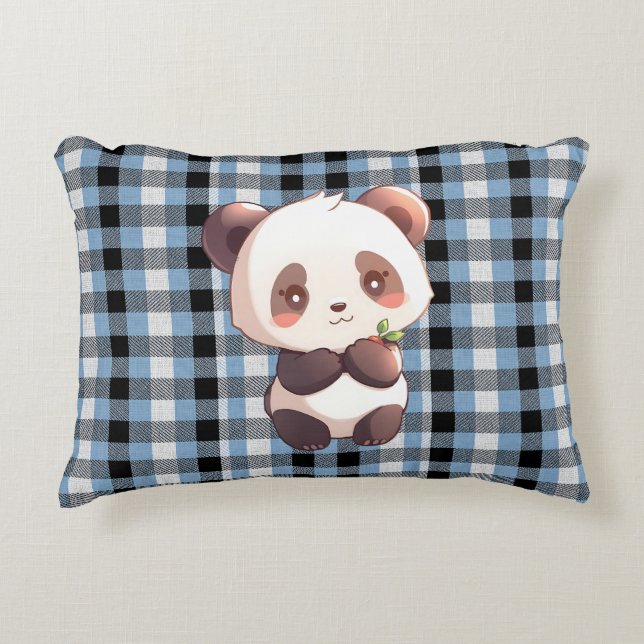 Almohada de acento de panda de cuadros azules (Anverso)