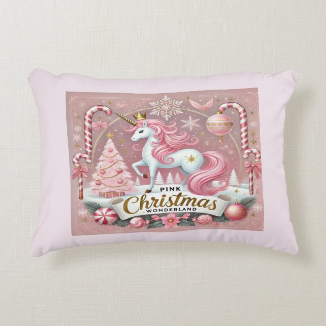 Almohada de acento de unicornio de Navidad rosa má (Anverso)