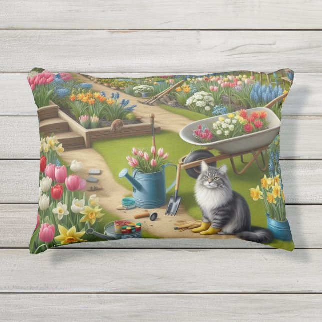 Almohada de acento exterior de flores y gato de Ga (Anverso)