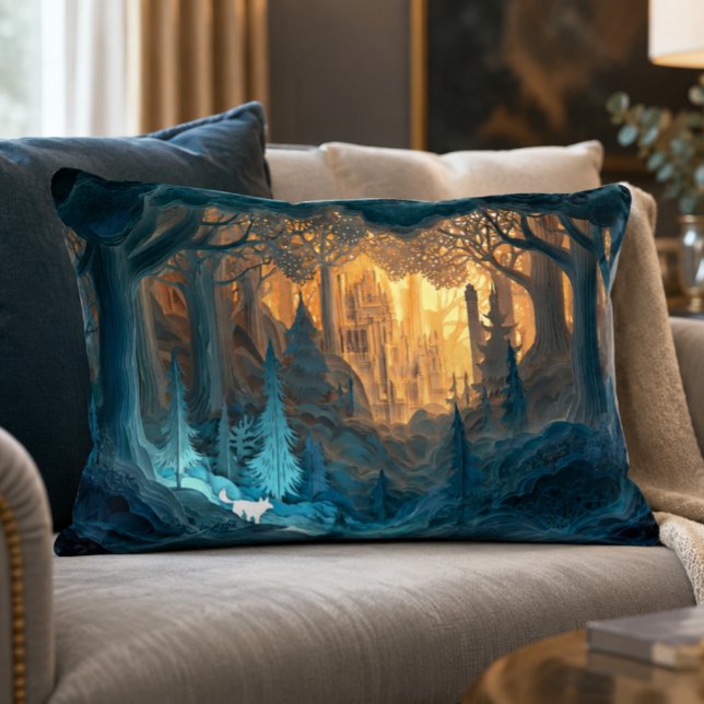 Almohada de acento Fantasy Castle 16x12 (Step into a glowing hidden kingdom where towering paper-cut forests open to a magical castle beyond )