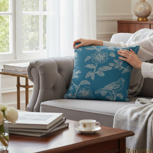 Almohada de acento floral de toile de ave azul ver