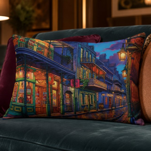 Almohada de acento French Quarter 16x12 (New Orleans Art | French Quarter Art | Bourbon Street Neon Jazz Print Pillow)