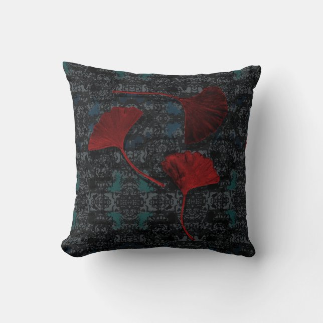 Almohada de acento grunge de ginkgo elegante negro (Anverso)