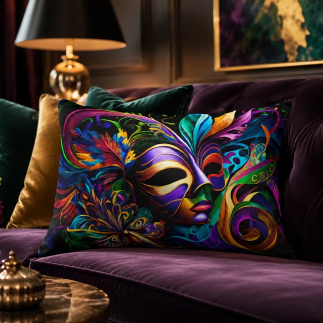 Almohada de acento Mardi Gras 16x12 (Mardi Gras Poster | Masquerade Mask | New Orleans Art Print | Vibrant NOLA Carnival Abstract Art)
