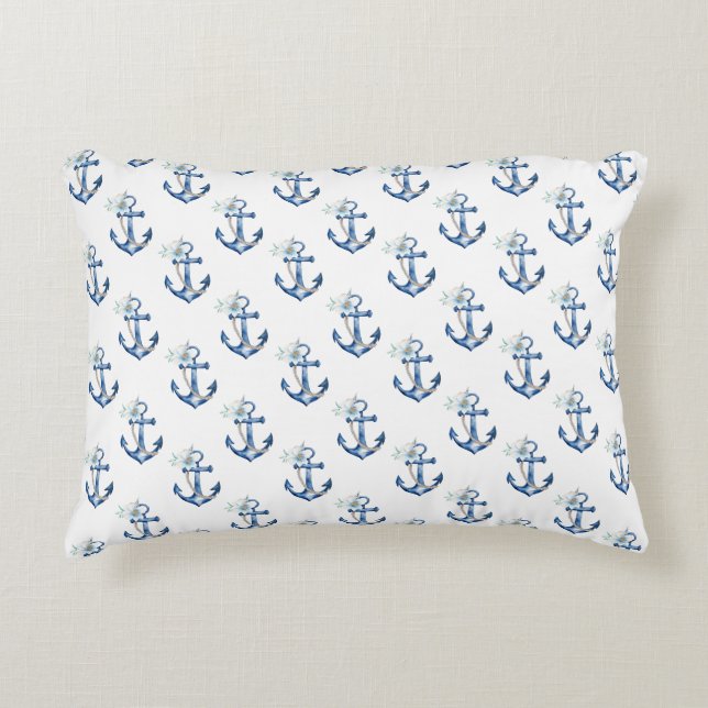 Almohada de acento náutico | Ancla azul de acuarel (Anverso)