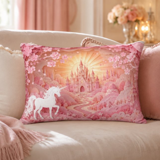 Almohada de acento Unicorn Castle (Pink Unicorn Castle Wall Art | Princess Nursery Print Piloow)