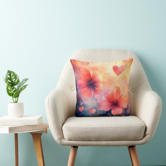 Almohada de acuarela romántica con flores y corazo (Silla)