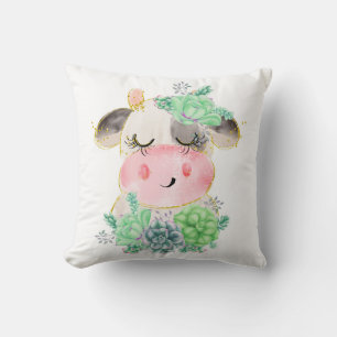 Almohada de agua con vaca de acuarela y suculentas