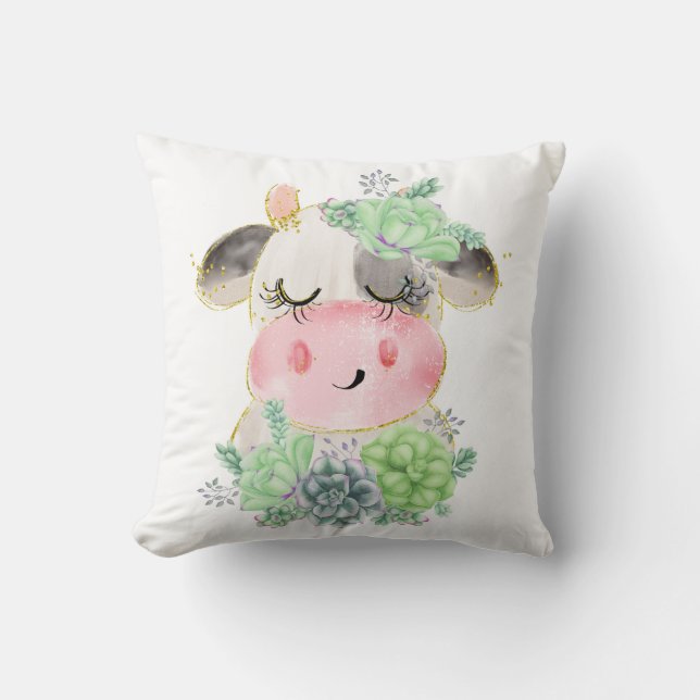 Almohada de agua con vaca de acuarela y suculentas (Anverso)