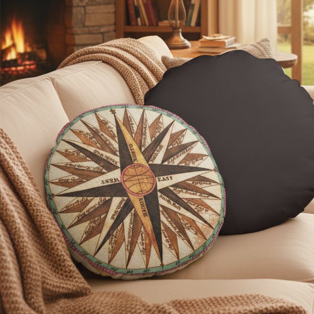 Almohada de algodón con rosa de brújula náutica vi (Vintage nautical art accent pillow.)