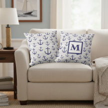 Almohada de Ancla Náutica Azul Monogramada