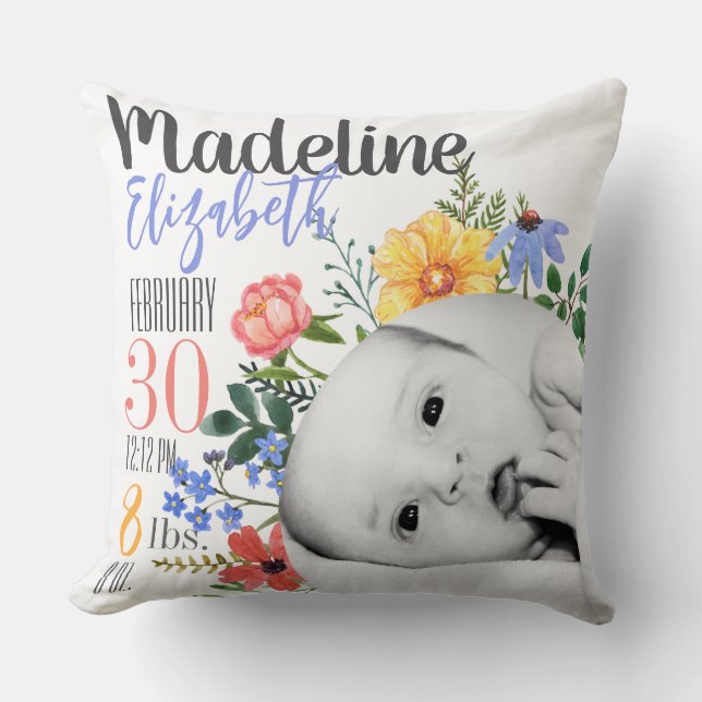 Almohada de anuncio de nacimiento de flores silves (Anverso)