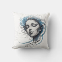 Almohada de arte de línea azul con rostro de vient