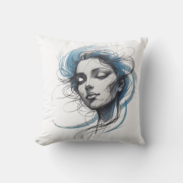 Almohada de arte de línea azul con rostro de vient (Anverso)
