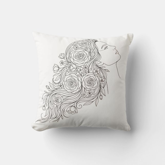 Almohada de arte de línea de mujer floral minimali (Anverso)
