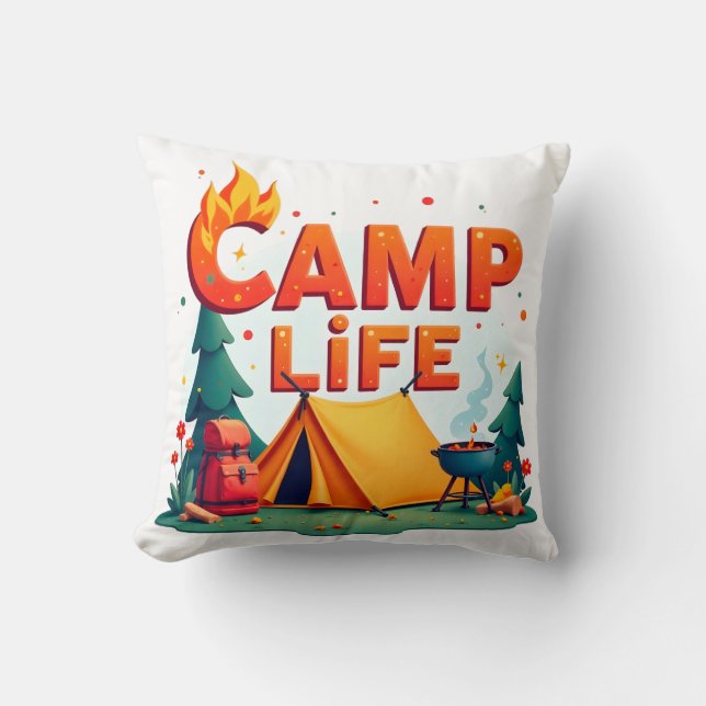 Almohada de aventura de camping vibrante – Vida de (Anverso)