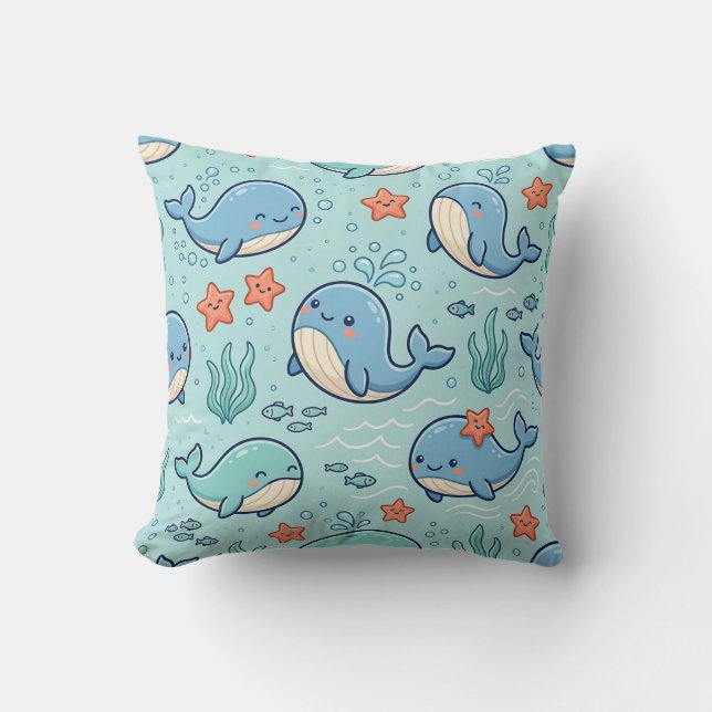 Almohada de bebé ballena – Patrón pastel océano (Anverso)