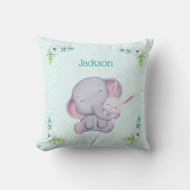 Almohada de bebé elefante gris y conejo (Anverso)