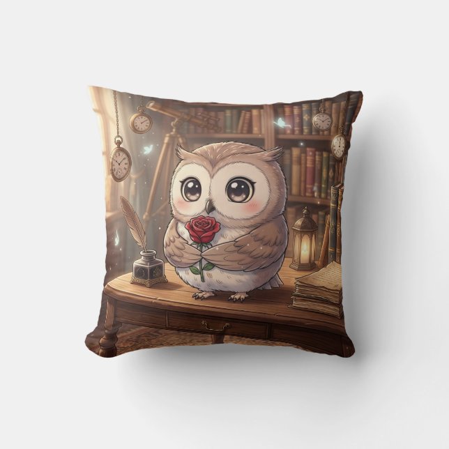 Almohada de biblioteca de rosa de búho lindo (Anverso)