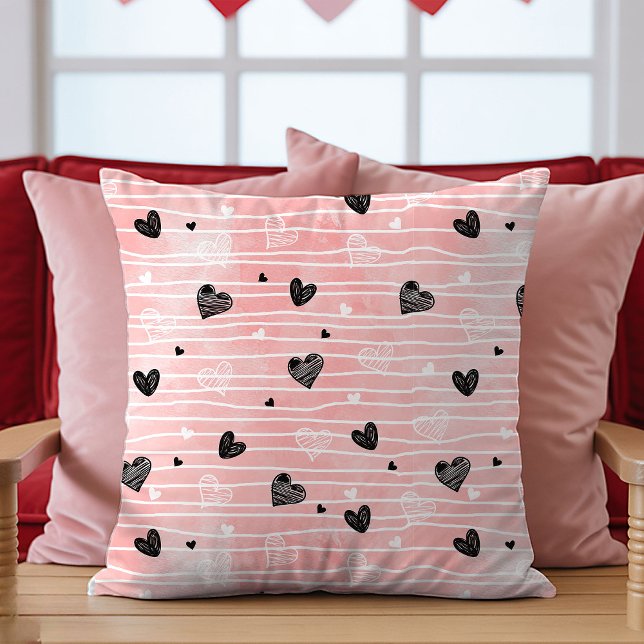 Almohada de boceto de corazones negros rosados mej (Best Valentine’s Gift Pillow Pink Black Hearts Love)